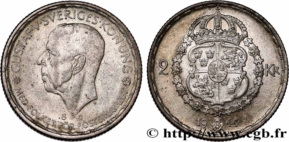 SUÈDE 2 Kronor Gustave V 1944 TTB+