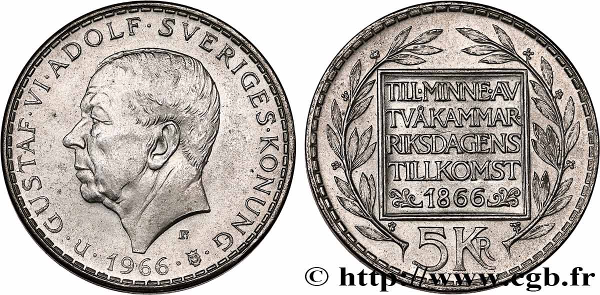 SUÈDE 5 Kronor Gustave VI - centenaire de la réforme constitutionnelle 1966 SUP