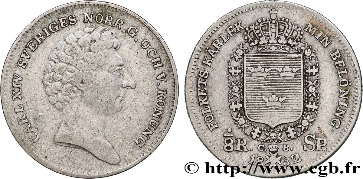 SWEDEN 1/8 Riksdaler Charles XIV 1832 XF