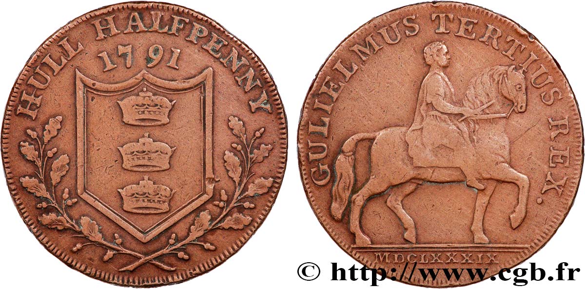 ROYAUME-UNI (TOKENS) 1/2 Penny Hull - Guillaume III à cheval  1791  TB+ 