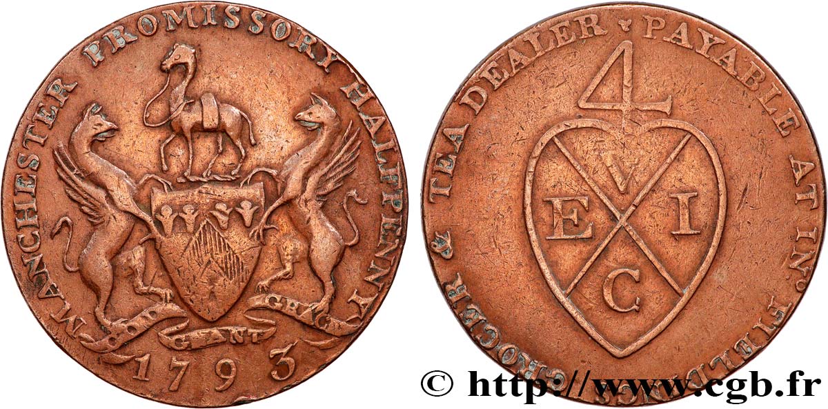 ROYAUME-UNI (TOKENS) 1/2 Penny Manchester (Lancashire) 1793  TB+ 