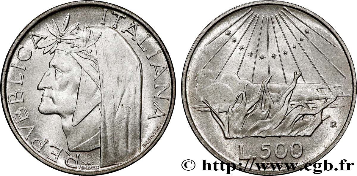 ITALY 500 Lire 700e anniversaire de la naissance de Dante Alighieri / l’Enfer 1965 Rome AU