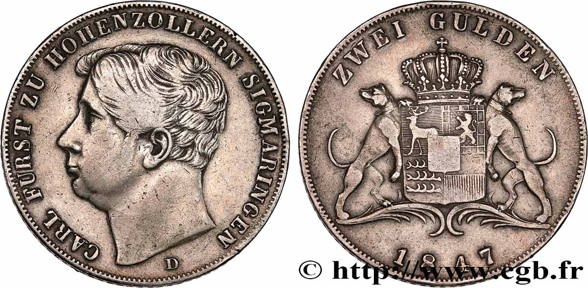 GERMANY - HOHENZOLLERN-SIGMARINGEN 2 Gulden Carl 1852 Karlsruhe XF 