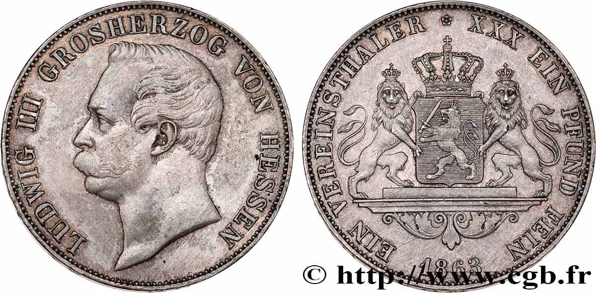 GERMANY - HESSE-DARMSTADT 1 Thaler Louis II 1863  XF 