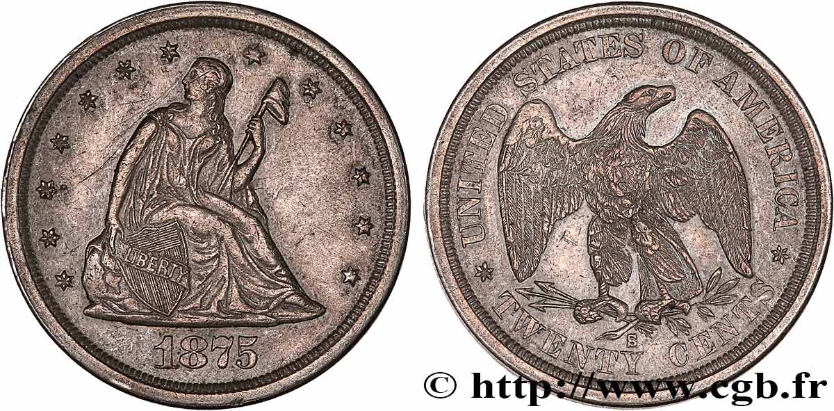 UNITED STATES OF AMERICA 20 Cents “Seated Liberty” 1875 San Francisco XF 