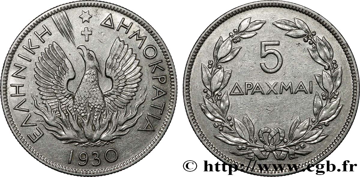 GRIECHENLAND 5 Drachmes Phénix 1930  VZ