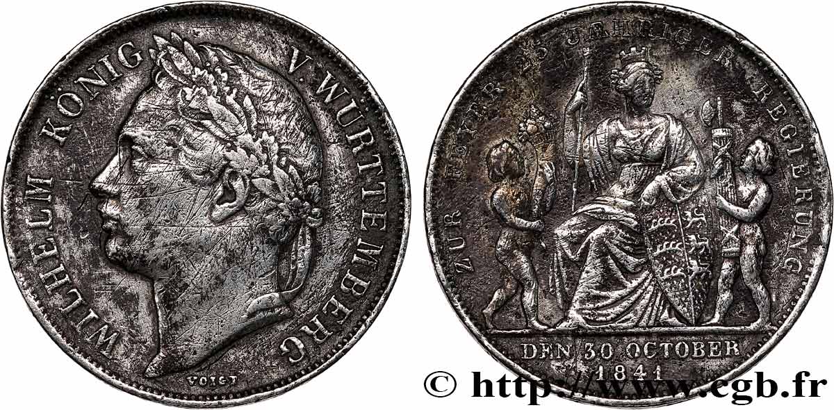 GERMANY - WÜRTTEMBERG 1 Gulden 25e anniversaire du règne de Guillaume 1841 Stuttgart VF 