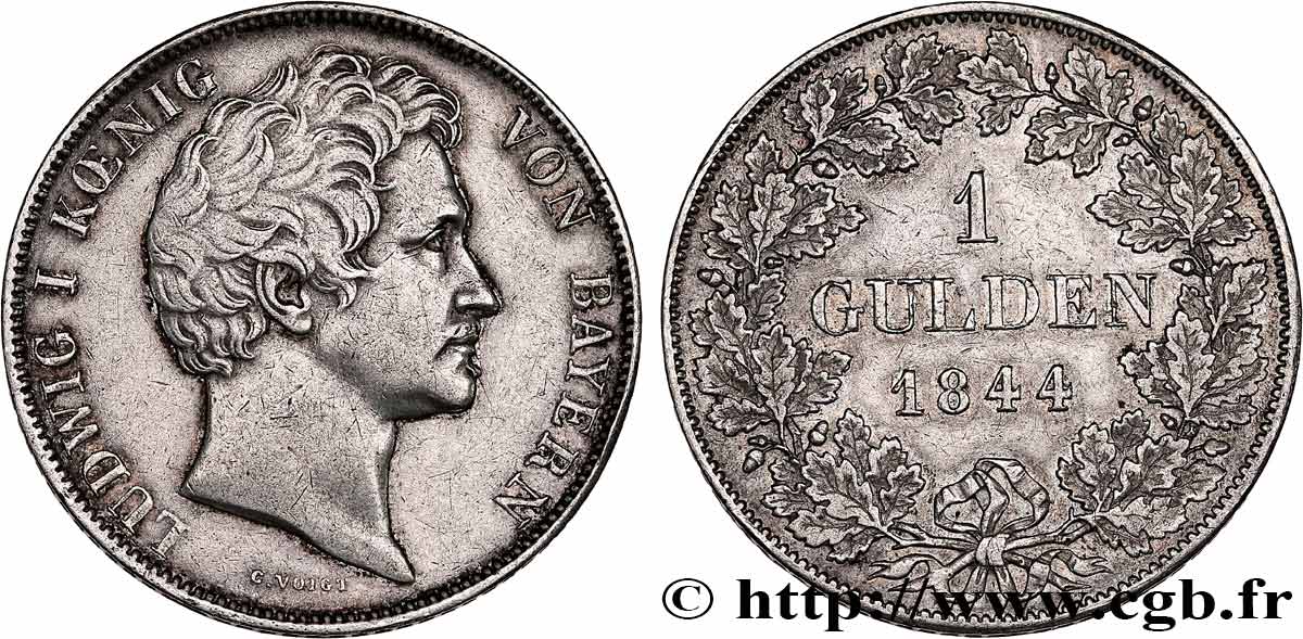 GERMANY - BAVARIA 1 Gulden Louis Ier 1844 Münich XF 