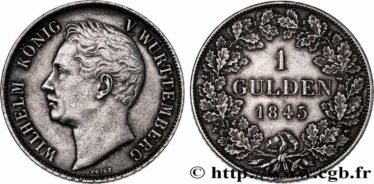 GERMANY - WÜRTTEMBERG 1 Gulden Guillaume 1845 Stuttgart XF 