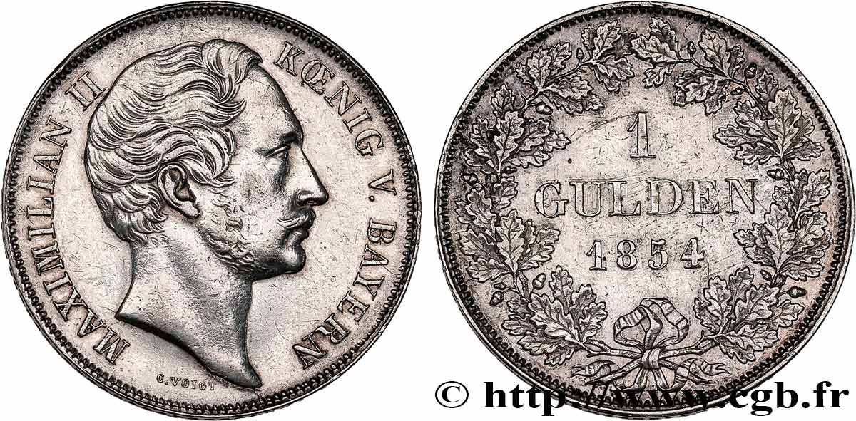 ALLEMAGNE - BAVIÈRE 1 Gulden Maximilien II 1854  TTB 