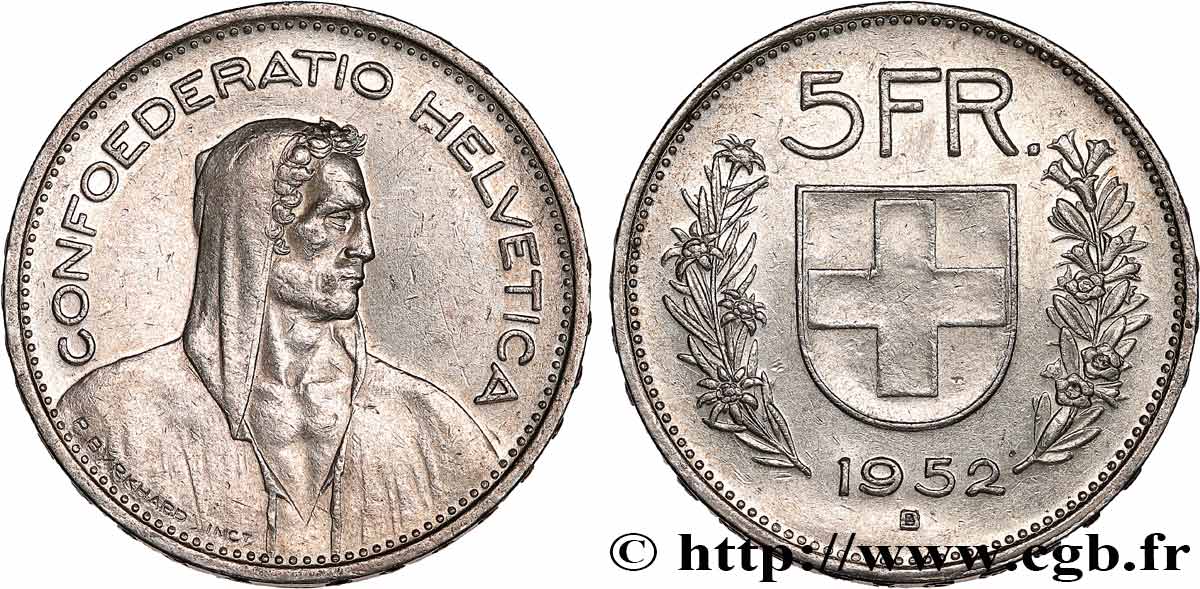 SUISSE 5 Francs Berger des alpes / bouclier suisse 1952 Berne - B TTB