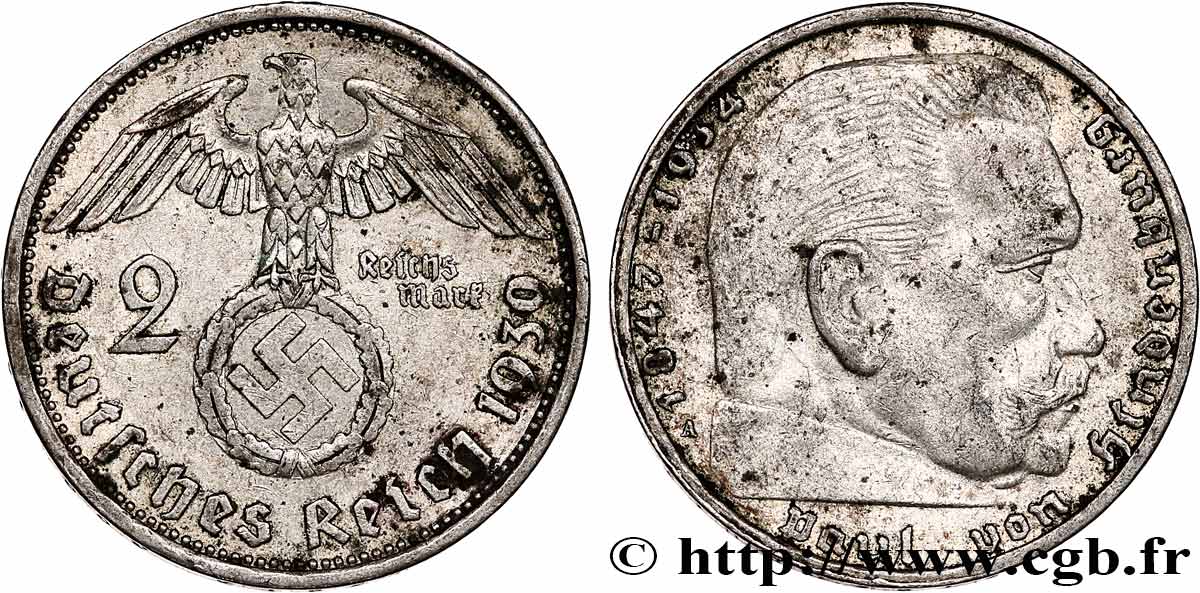 ALLEMAGNE 2 Reichsmark Maréchal Paul von Hindenburg 1939 Berlin TTB+