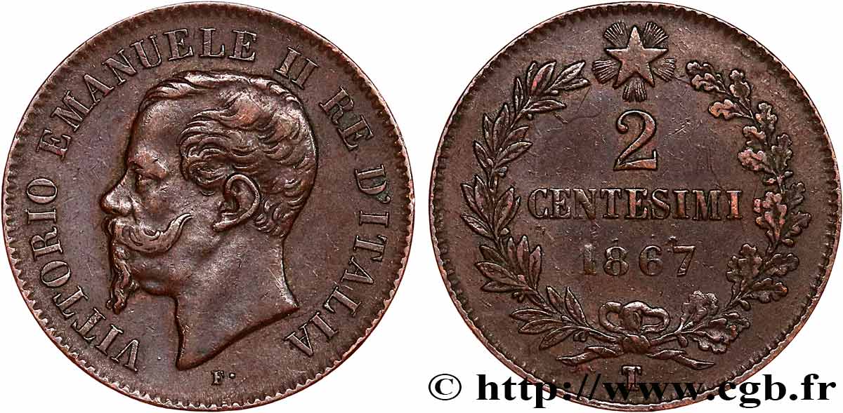 ITALIE 2 Centesimi Victor Emmanuel II 1867 Turin TTB
