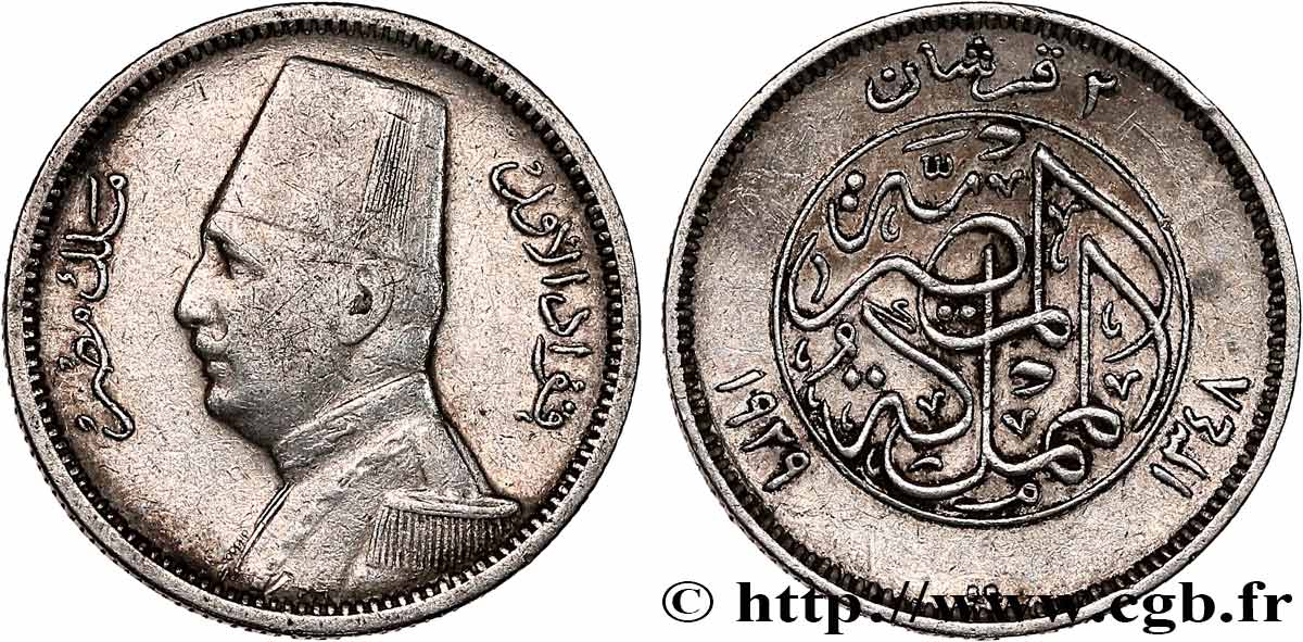 ÉGYPTE 2 Piastres Roi Fouad AH1348 1929 Budapest TTB