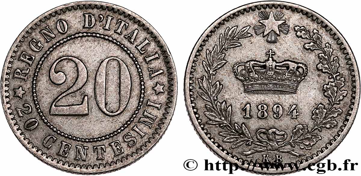 ITALY 20 Centesimi 1894 Rome AU