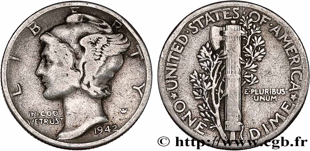 UNITED STATES OF AMERICA 1 Dime Mercury 1942 Philadelphie VF