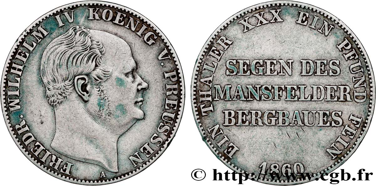 GERMANY - KINGDOM OF PRUSSIA - FREDERICK-WILLIAM IV 1 Thaler des Mines 1860 Berlin XF 