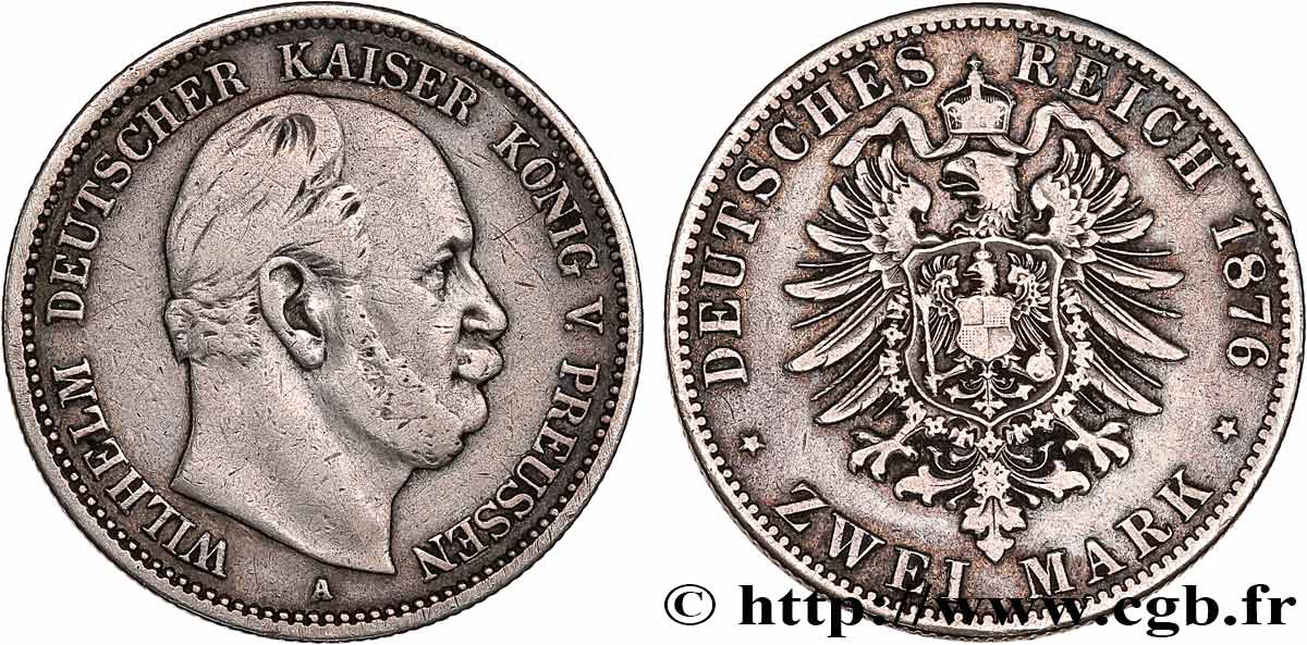 GERMANY - PRUSSIA 2 Mark Guillaume Ier 1876 Berlin VF