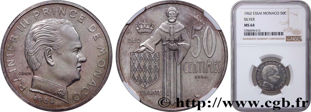 MONACO - PRINCIPATO DI MONACO - RANIERI III Essai de 50 Centimes argent  1962 Paris MS64 NGC