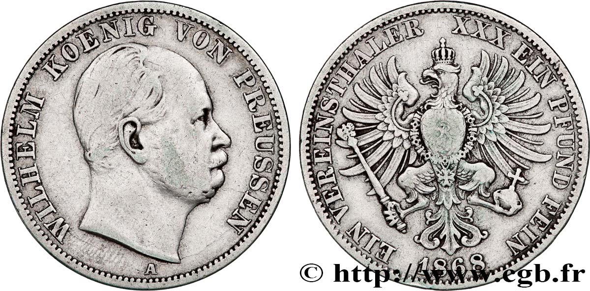 GERMANY - PRUSSIA 1 Thaler Guillaume 1868 Berlin VF 