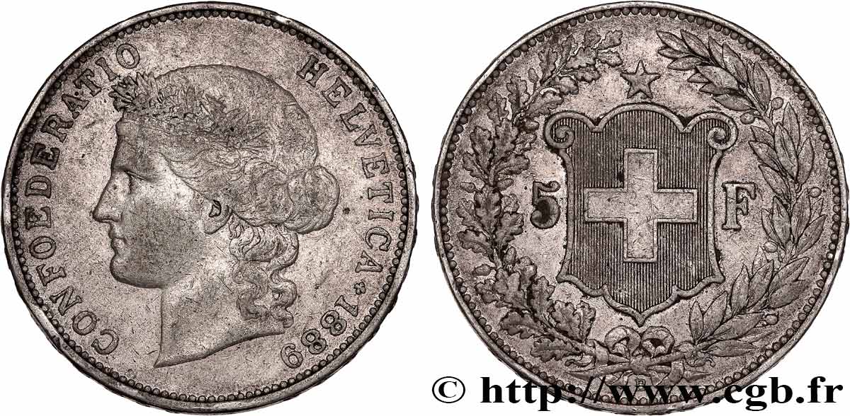 SWITZERLAND 5 Francs Helvetia 1889 Berne VF 