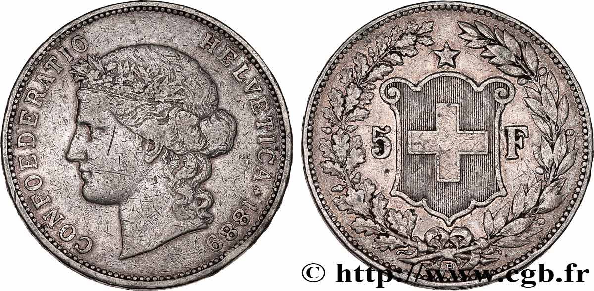 SWITZERLAND 5 Francs Helvetia 1889 Berne VF 