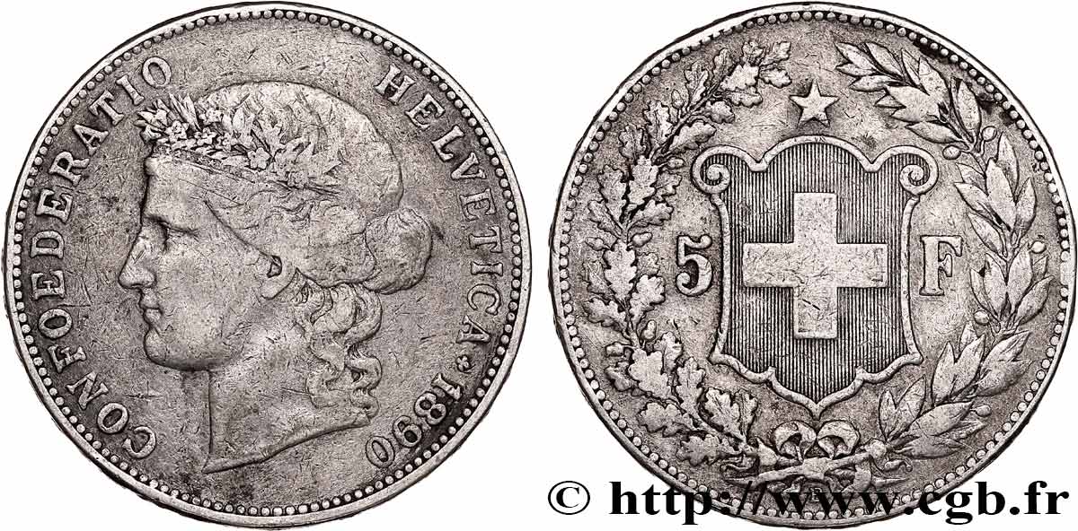 SUISSE 5 Francs Helvetia 1890 Berne TB