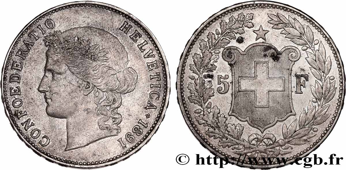 SWITZERLAND 5 Francs Helvetia 1891 Berne XF 