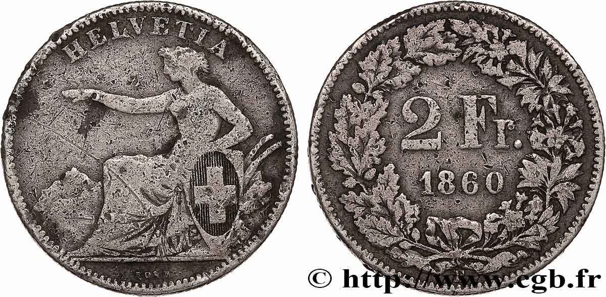 SUISSE 2 Francs Helvetia 1860 Berne B+