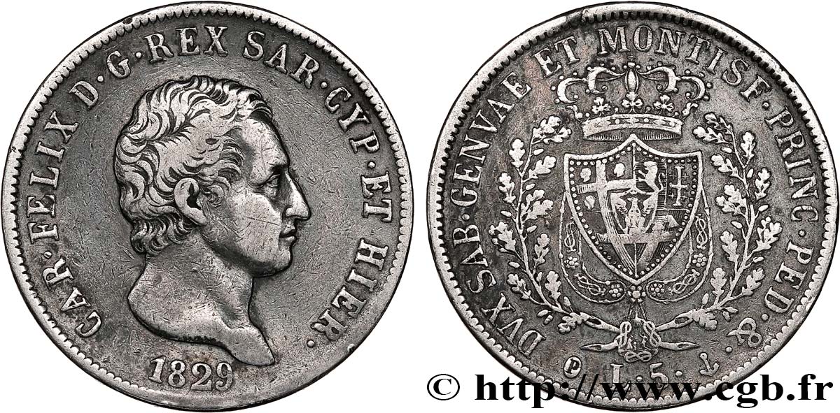 ITALY - KINGDOM OF SARDINIA 5 Lire Charles-Félix 1829 Gênes XF 