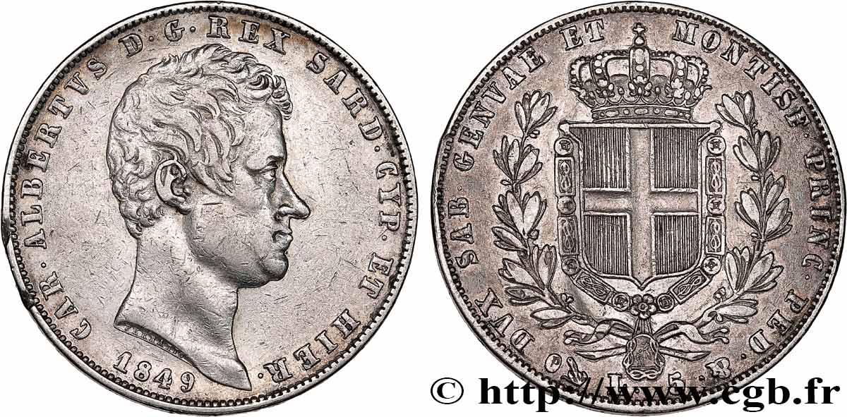 ITALY - KINGDOM OF SARDINIA 5 Lire Charles Albert 1849 Gênes VF 