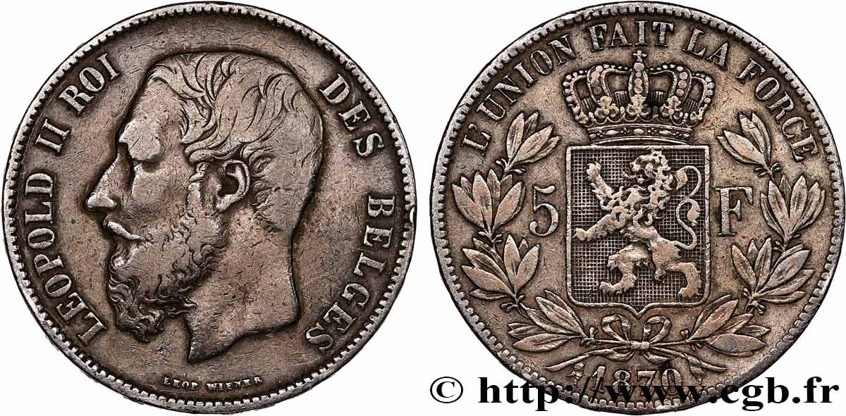 BELGIQUE 5 Francs Léopold II 1870 TTB