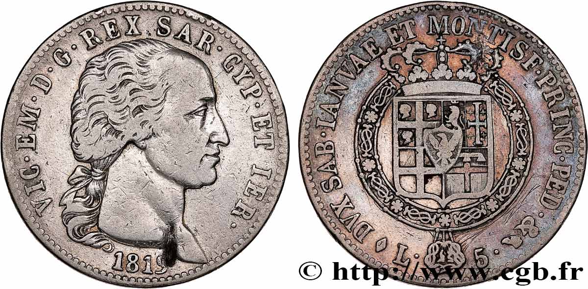 ITALY - KINGDOM OF SARDINIA - VICTOR-EMMANUEL I 5 Lire  1819 Turin VF 