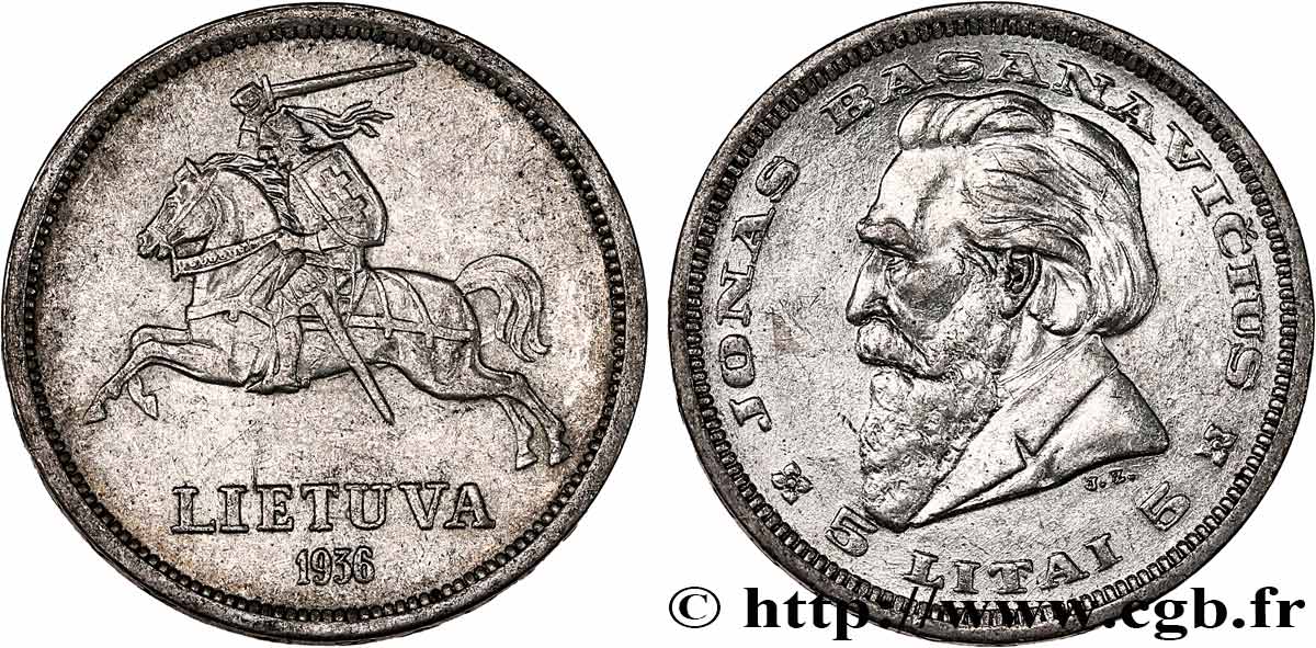 LITHUANIA 5 Litai chevalier Vitis / Dr Jonas Basanavicius 1936  AU/AU 