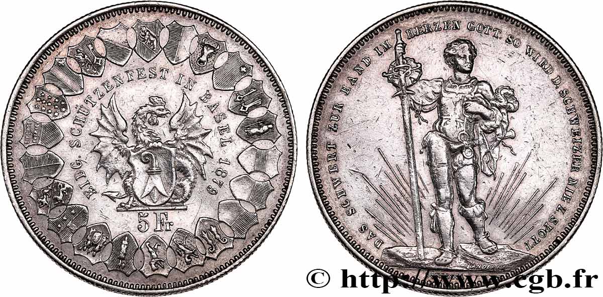 SUISSE 5 Francs, monnaie de Tir, Bâle 1879 TTB