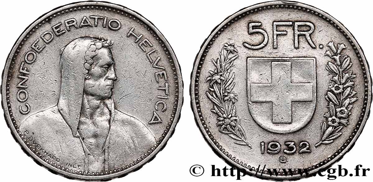 SWITZERLAND 5 Francs Berger des Alpes 1932 Berne XF