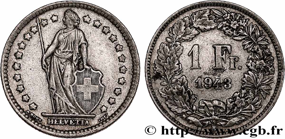 SUISSE 1 Franc Helvetia 1943 Berne SUP