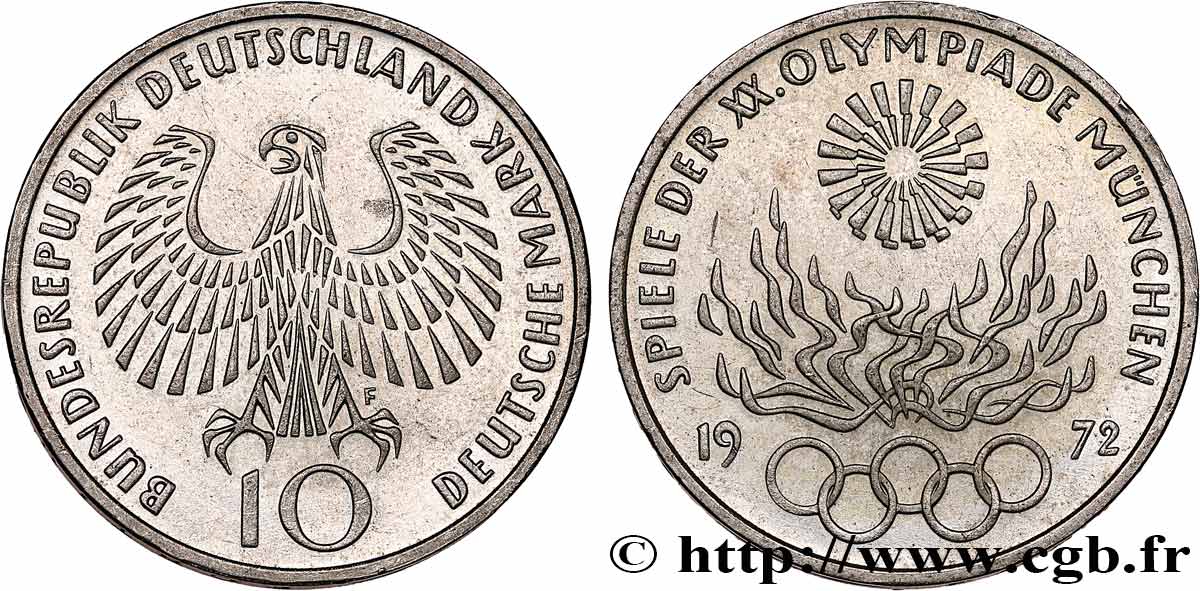 ALLEMAGNE 10 Mark / XXe J.O. Munich - Flamme olympique 1972 Stuttgart SUP