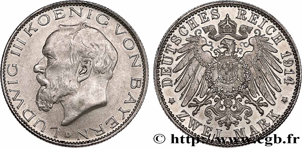 GERMANY - BAVARIA 2 Mark Louis III 1914 Munich AU/AU 