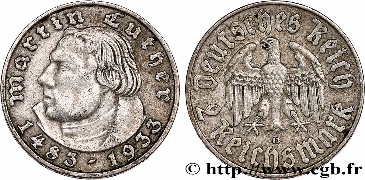 GERMANY 2 Reichsmark Martin Luther 1933 Munich  XF 