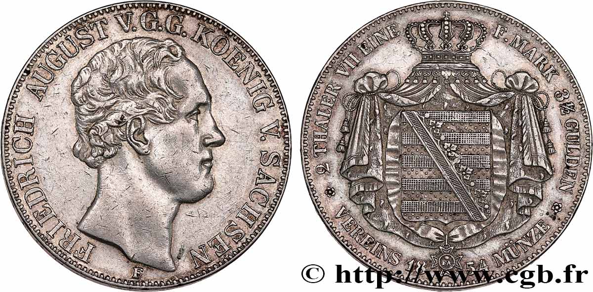 ALLEMAGNE - ROYAUME DE SAXE - FRÉDÉRIC-AUGUSTE II 2 Thalers 1854 Dresde SS 