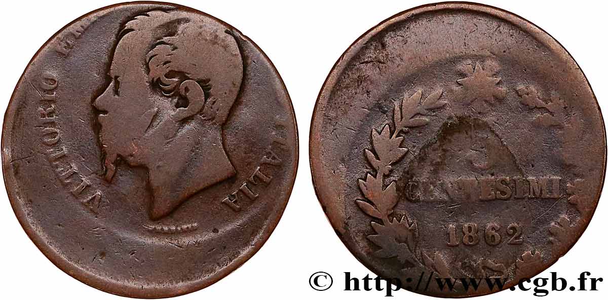 ITALIE - VICTOR EMMANUEL II 5 centesimi, frappe décentrée 1862  B+ 
