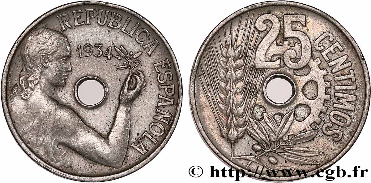 ESPAGNE 25 Centimos monnayage républicain 1934 TTB