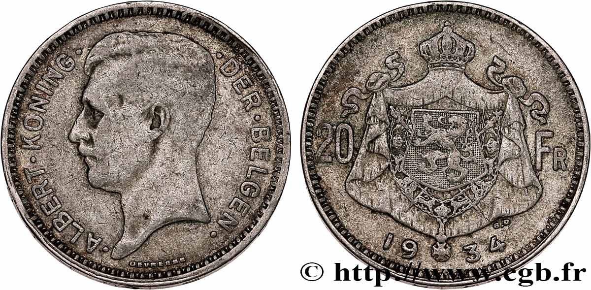 BELGIQUE 20 Francs Albert Ier légende Flamande 1934 TB+