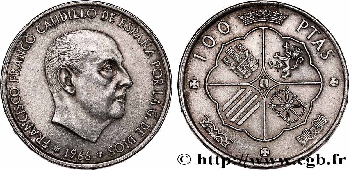 ESPAGNE 100 Pesetas Francisco Franco (1968 dans les étoiles) 1966 TTB+