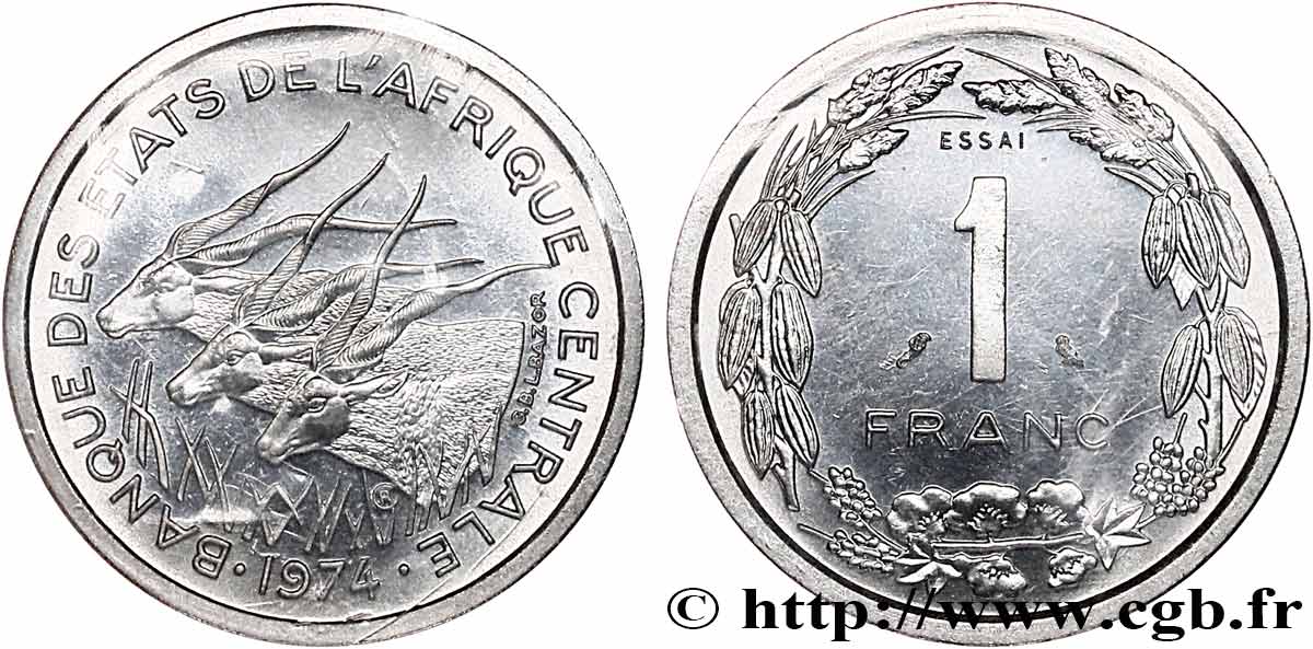 CENTRAL AFRICAN STATES Essai de 1 Franc antilopes 1974 Paris MS 