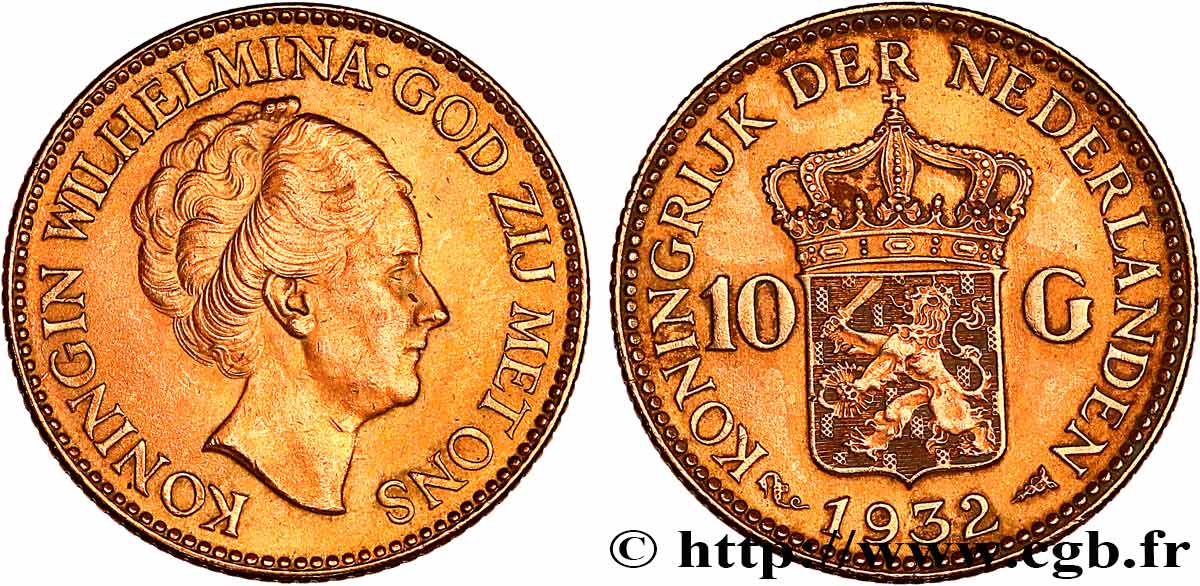 GOLD, PALLADIUM & PLATINUM INVESTMENT 10 Gulden 4e type Wilhelmina 1932 Utrecht AU