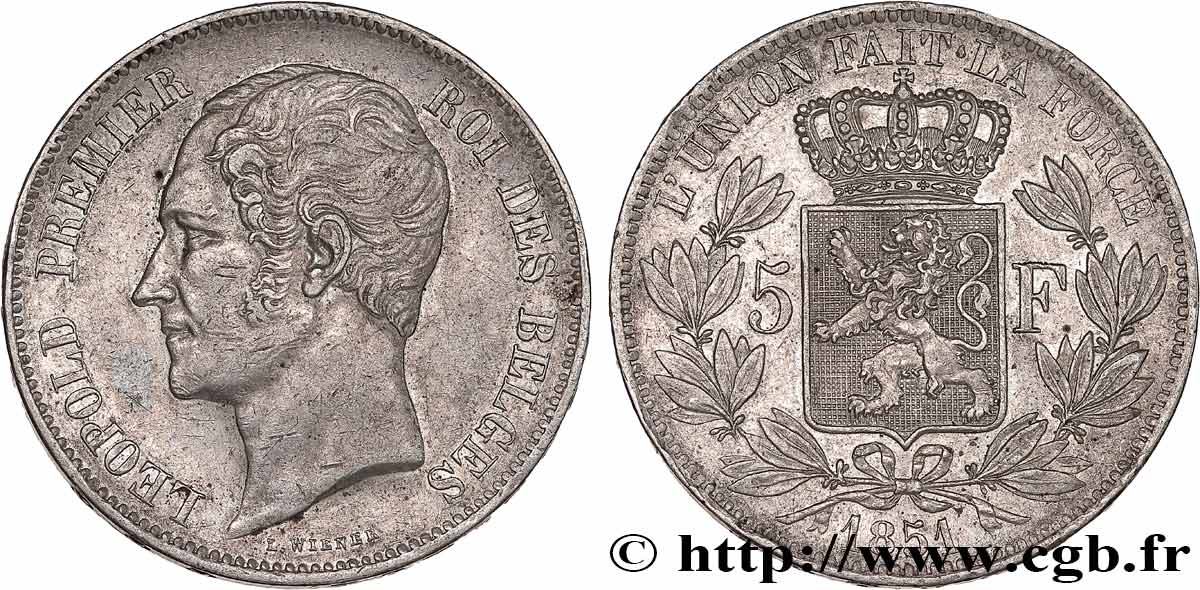 BELGIQUE - ROYAUME DE BELGIQUE - LÉOPOLD Ier 5 Francs, tête nue 1851 TTB