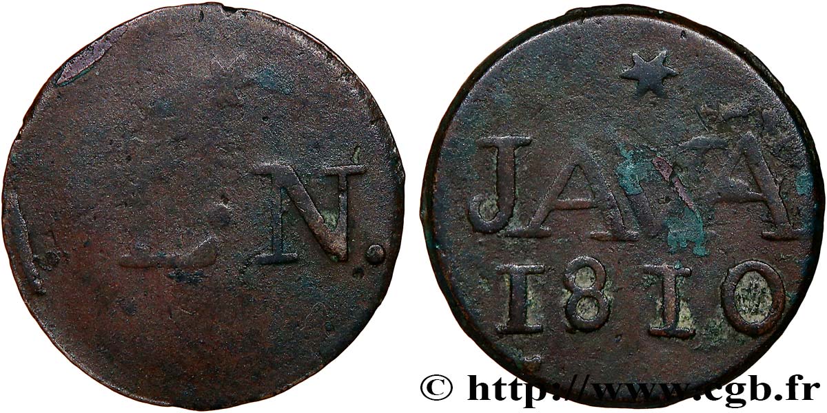 INDIAS NEERLANDESAS 1 Duit “LN” initiales de Louis Napoléon roi de Hollande et au revers “JAVA” 1810 Harderwijk BC+ 