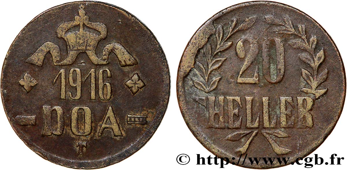 DEUTSCH-OSTAFRIKA 20 Heller Deutch Ostafrica type couronne étroite et extrémités des L recourbées 1916 Tabora SS 